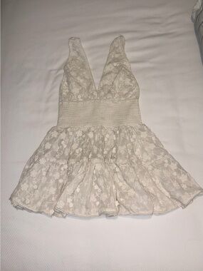 Ivory Floral Lace V-Neck Tiered Mini Dress